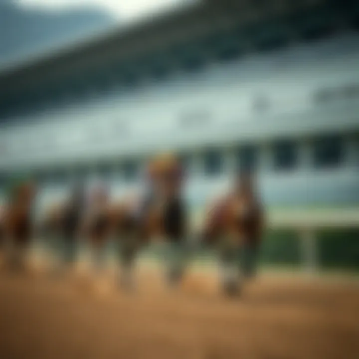Overview of a prominent Japanese racetrack with horses in motion