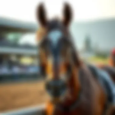 Majestic Racehorse at LetsRun Park A close-up of a majestic horse preparing for a race, symbolizing the elegance and strength of racehorses.