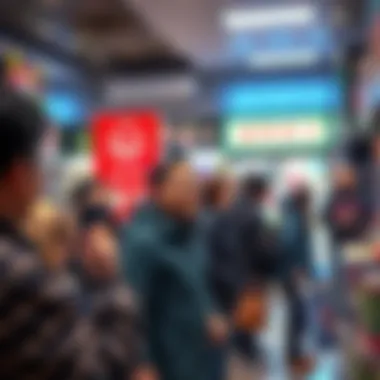 A bustling lottery retail store with excited customers