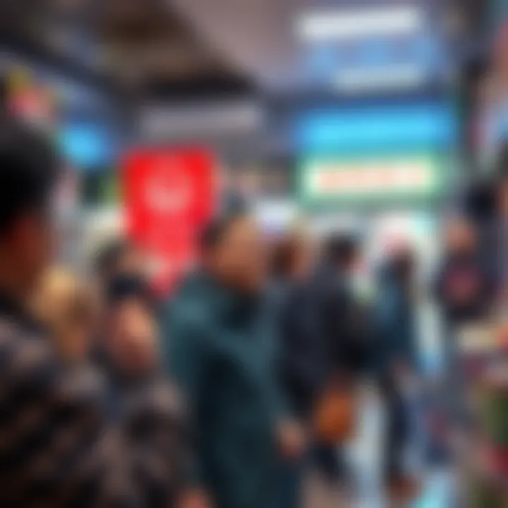 A bustling lottery retail store with excited customers